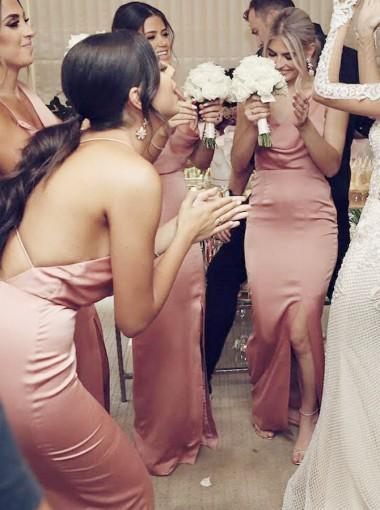 Sexy Pink Mermaid Side Slit Long Bridesmaid Dresses Online, WG301