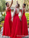 A-Line V-Neck Red Chiffon Long Cheap Bridesmaid Dresses with Applique, QB0847