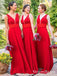 A-Line V-Neck Red Chiffon Long Cheap Bridesmaid Dresses with Applique, QB0847