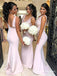 Mermaid V-Neck Long Pink Satin Bridesmaid Dresses with Appliques, QB0704