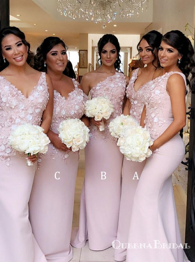 Mermaid V-Neck Long Pink Satin Bridesmaid Dresses with Appliques, QB0704