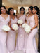 Mermaid V-Neck Long Pink Satin Bridesmaid Dresses with Appliques, QB0704