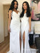 Sheath Spaghetti Straps Mermaid White Chiffon Bridesmaid Dresses with Split, QB0706