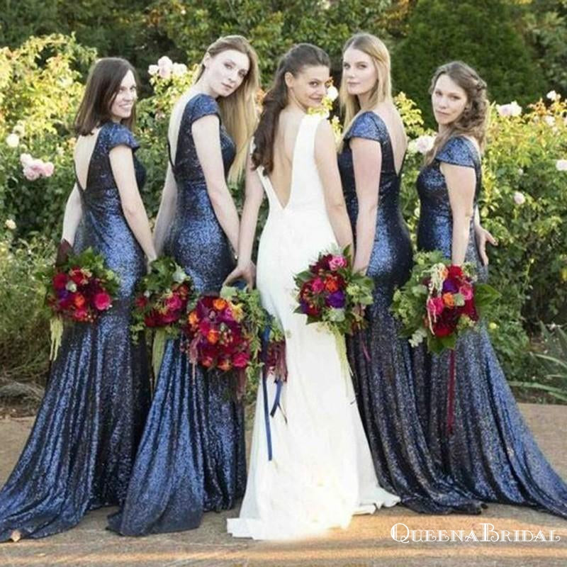 Mermaid Round Neck Backless Dark Blue Sequined Bridesmaid Dresses, QB0802