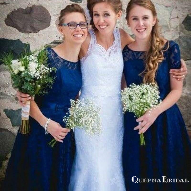 A-Line Bateau Short Sleeves Royal Blue Lace Bridesmaid Dresses, QB0803