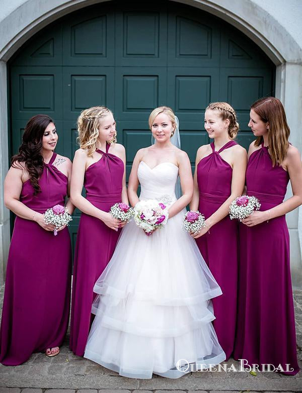 A-Line Cross Neck Long Cheap Fuchsia Chiffon Bridesmaid Dresses, QB0709