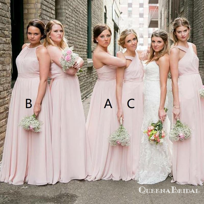 A-Line Mismatched Long Blush Pink Chiffon Bridesmaid Dresses, QB0625