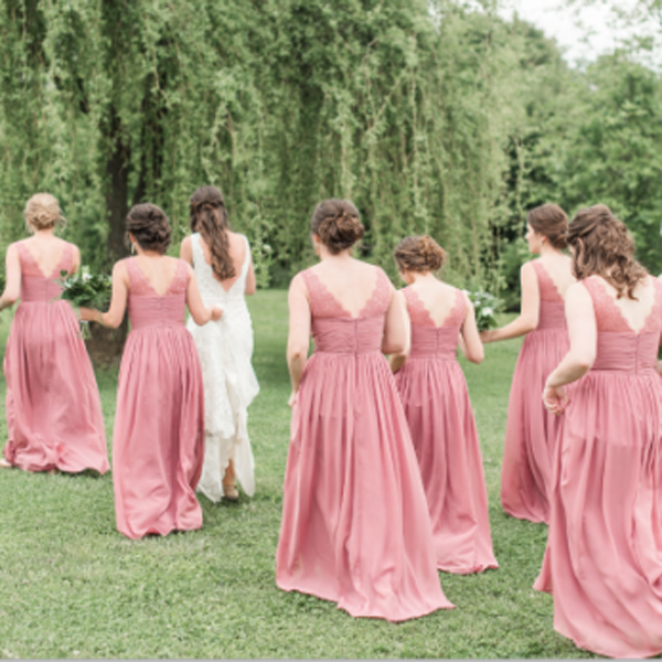 Pretty V-Neck Long Cheap Coral Chiffon Bridesmaid Dresses With Lace, QB0205