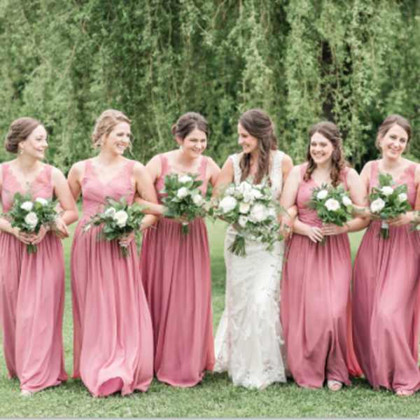 Pretty V-Neck Long Cheap Coral Chiffon Bridesmaid Dresses With Lace, QB0205