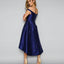 Off-Shoulder High Low Dark Blue Satin Cheap Bridesmaid Dresses with Pockets, QB0138