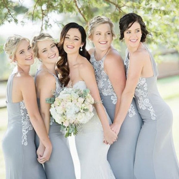 Mermaid Round Neck Long Cheap Grey Chiffon Bridesmaid Dresses with Lace, QB0127