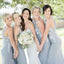 Mermaid Round Neck Long Cheap Grey Chiffon Bridesmaid Dresses with Lace, QB0127