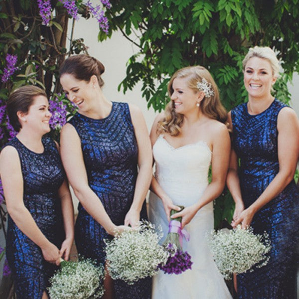 Mermaid Round Neck Side Split Dark Blue Sequin Long Cheap Bridesmaid Dresses Online, QB0036