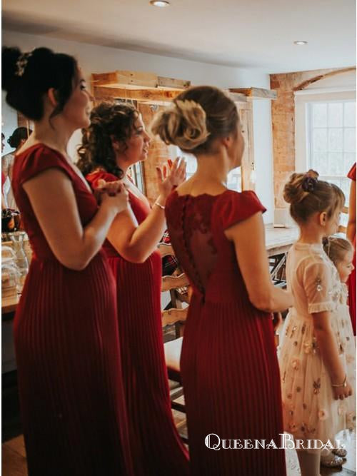 A-Line V-Neck Red Cap Sleeve Pleated Bridesmaid Dresses with Lace, QB0748