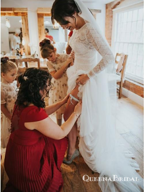 A-Line V-Neck Red Cap Sleeve Pleated Bridesmaid Dresses with Lace, QB0748