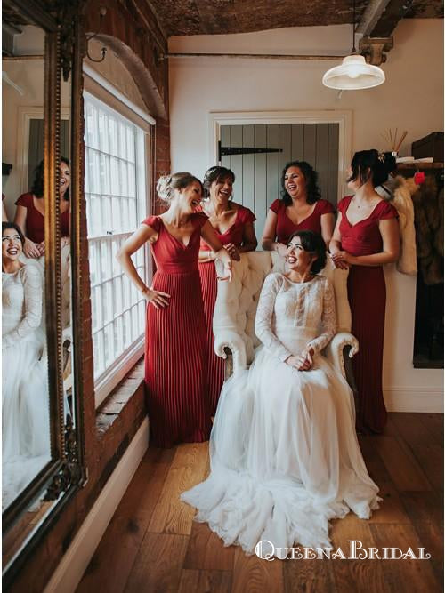 A-Line V-Neck Red Cap Sleeve Pleated Bridesmaid Dresses with Lace, QB0748