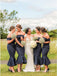 Charming Navy Blue Off Shoulder Long Satin Cheap Bridesmaid Dresses, QB0621