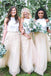 Two Piece Jewel Keyhole Back Light Champagne Tulle Bridesmaid Dresses with Lace, QB0809