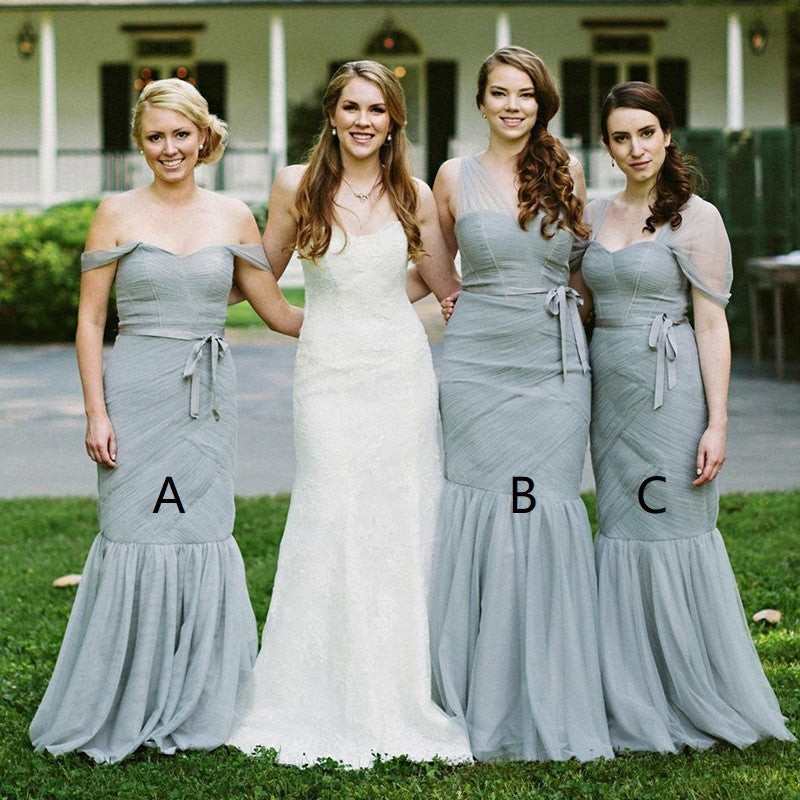 Mismatched Mermaid Off Shoulder Long Sage Bridesmaid Dresses with Sash, TYP0486