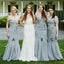 Mismatched Mermaid Off Shoulder Long Sage Bridesmaid Dresses with Sash, TYP0486