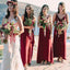 2019 A-Line Spaghetti Straps Long Burgundy Bridesmaid Dresses with Split, QB0482