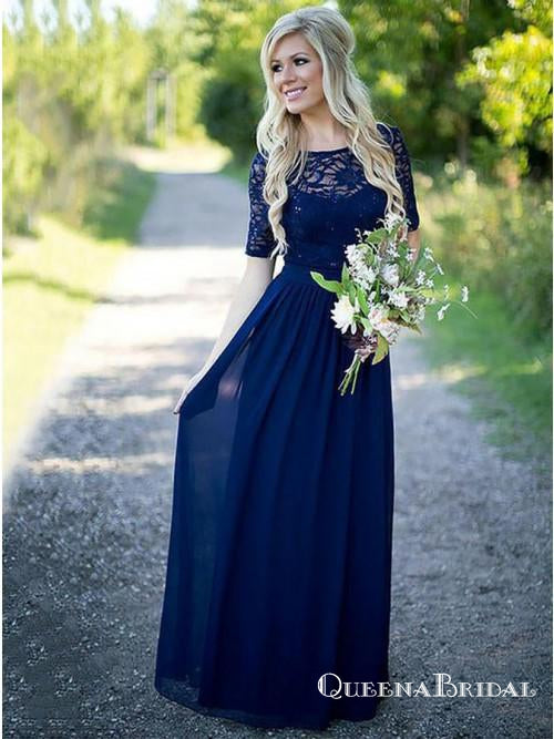 A-Line Scoop Neck Blue Floor Length Bridesmaid Dresses with Half Sleeve, QB0723