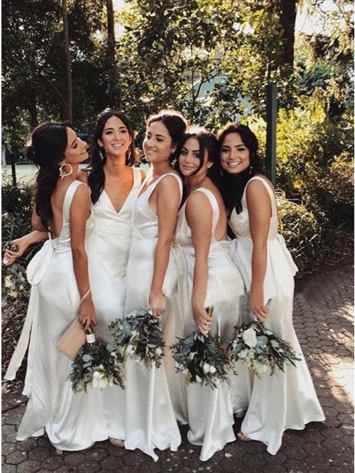 Charming Mermaid White V-neck Split Backless Bridesmaid Dresses, QB0643