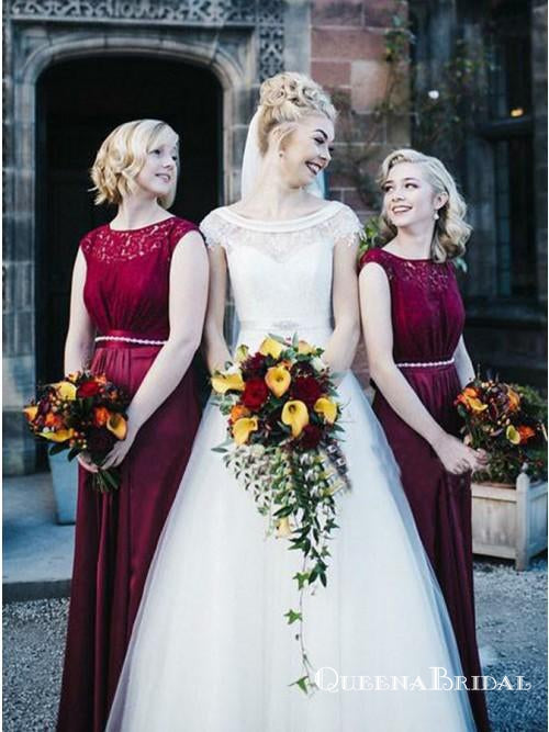 A-line Jewel Burgundy Cap Sleeves Bridesmaid Dresses Appliques Beading, QB0644