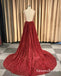 Burgundy V Neck Sleeveless Sequin Long Cheap Backless Prom Dresses, QB0759