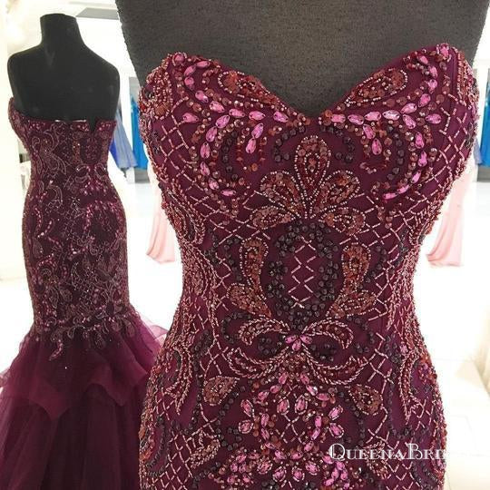 Purple Sweetheart Sleeveless Long Mermaid Prom Dresses With Beaded, QB0758