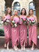 Pink Halter Sleeveless High Low Satin Bridesmaid Dresses With Ruched, QB0679