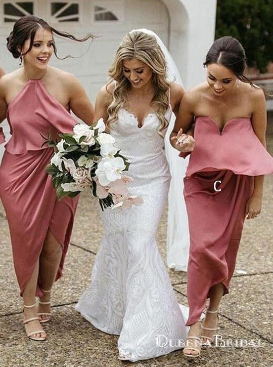 Pink Halter Sleeveless High Low Satin Bridesmaid Dresses With Ruched, QB0679