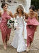 Pink Halter Sleeveless High Low Satin Bridesmaid Dresses With Ruched, QB0679