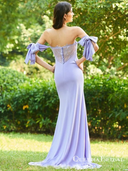 Lavender Strapless Off Shoulder Backless Long Bridesmaid Dresses With Lace, QB0672