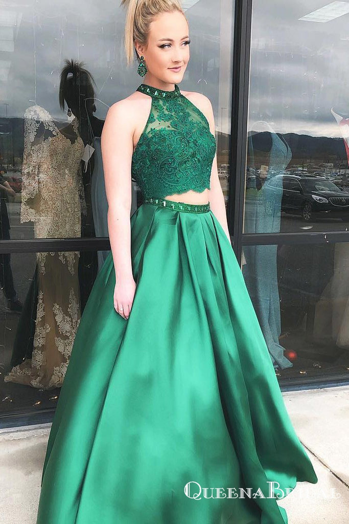 A-Line Green Satin Two Piece Halter Long Prom Dresses, QB0719