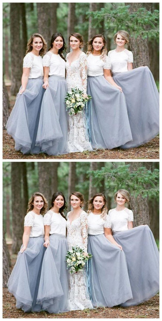 Two Pieces Short Sleeves Grey Cheap Long Bridesmaid Dresses Online, WG202