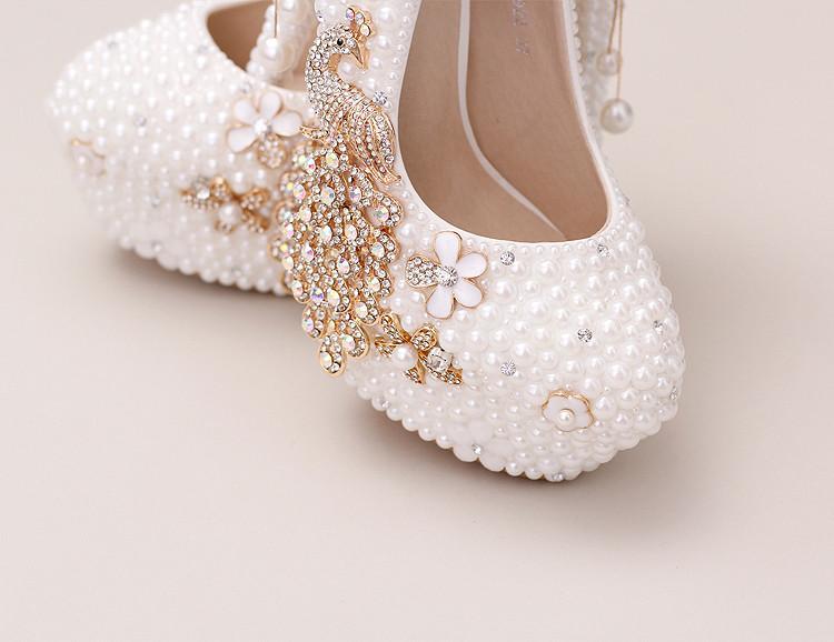 Handmade High Heels Round Toe Pearls Crystal Wedding Shoes, S0038