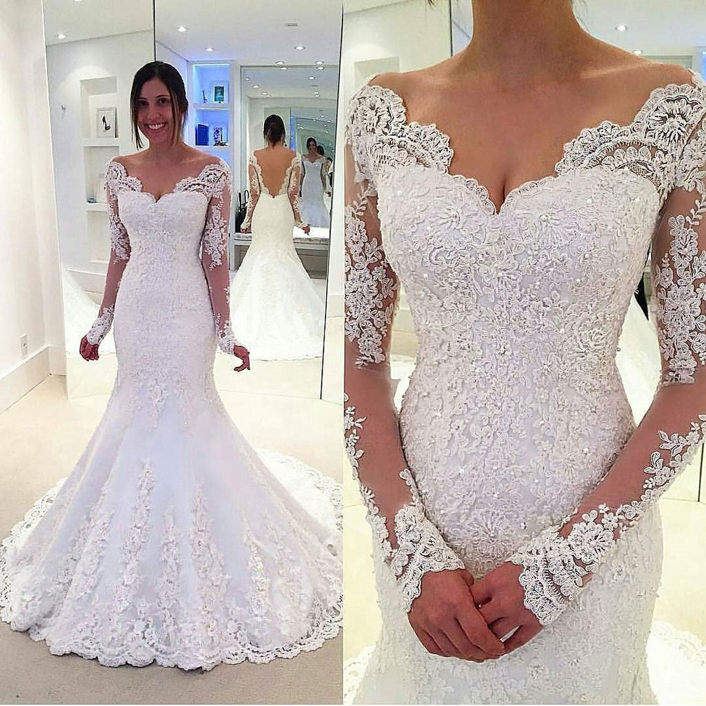 Long Sleeve Off Shoulder Mermaid Lace Custom Wedding Dresses Online, WD349