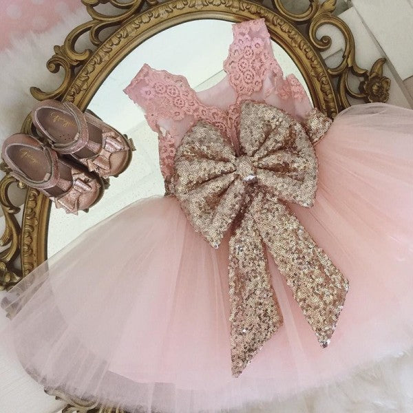 Ball Gown Scoop Pink Tulle Flower Girl Dresses with Lace Sequins Bow Knot, QB0081