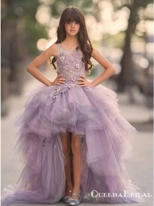 A-Line Spaghetti Straps Lavender High Low Flower Girl Dresses with Appliques, QB0823