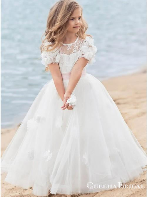 A-Line Scoop Neck White Floor Length Flower Girl Dresses with Appliques, QB0824