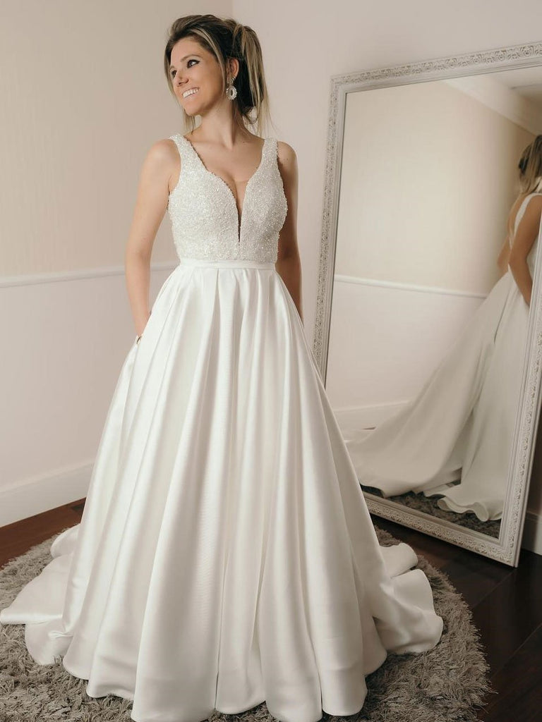 Sexy Backless V Neck A-line Custom Wedding Dresses Online, WD350