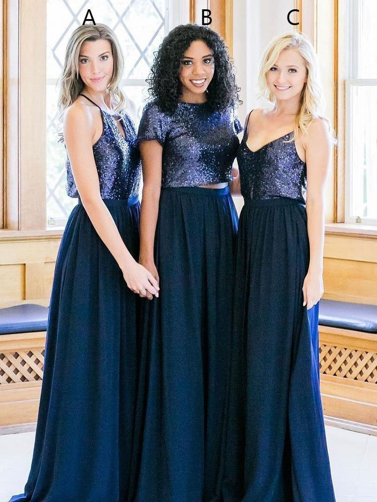 Cheap Mismatched Navy Sequin Custom Long Bridesmaid Dresses, WG232