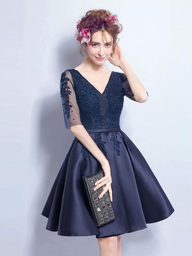 Cheap Short Cute Long Sleeve Lace Navy Homecoming Dresses 2018, CM468