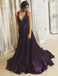 A-Line V-Neck Long Grape Satin Cheap Prom Dresses with Beading, QB0689