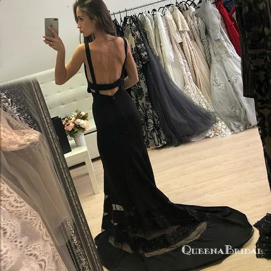 Black V Neck Sleeveless Backless Mermaid Prom Dresses, QB0660