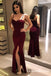 Burgundy Spaghetti Strap Side Slit Mermaid Evening Dresses Prom Dresses, QB0717