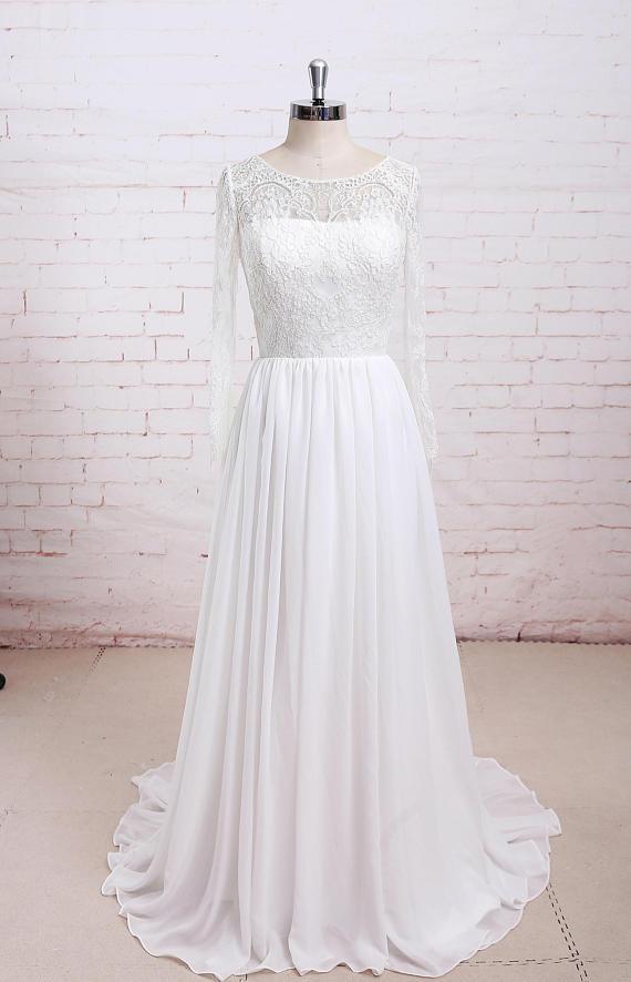 Long Sleeves Lace See Through Cheap Beach Wedding Dresses Online, WD380