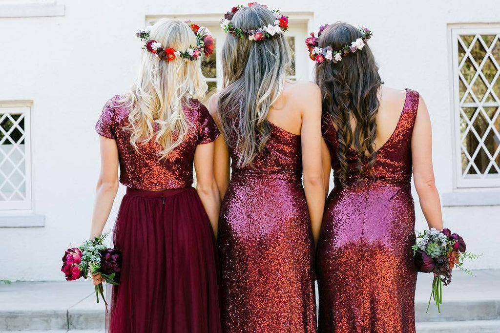 Dark Red Sequin Mismatched Custom Long Bridesmaid Dresses, WG235