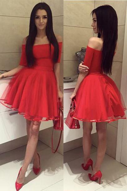 Off Shoulder Short Sleeves Red Short Cheap Homecoming Dresses Online, CM567